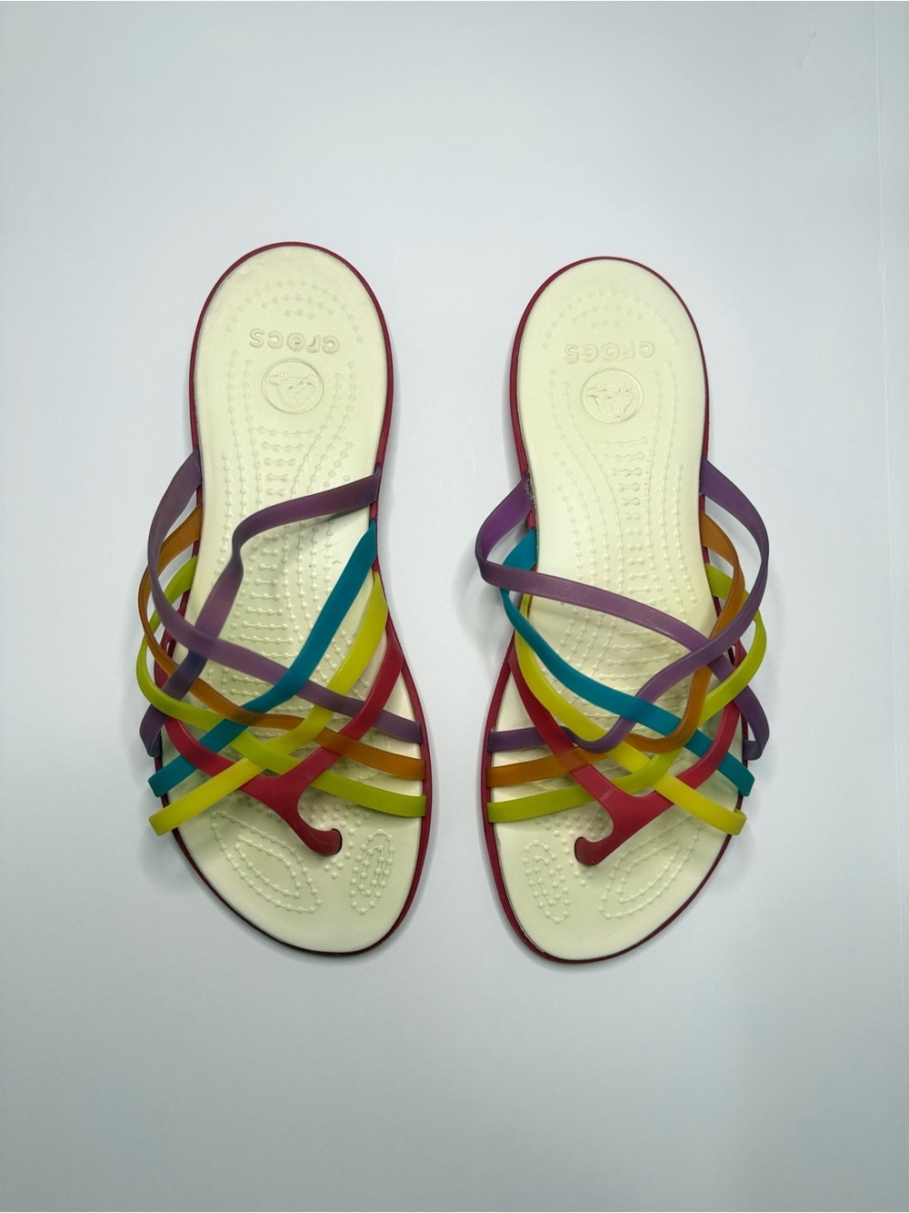 Crocs Huarache women's sandals rainbow multicolor strappy jelly Sz-9W